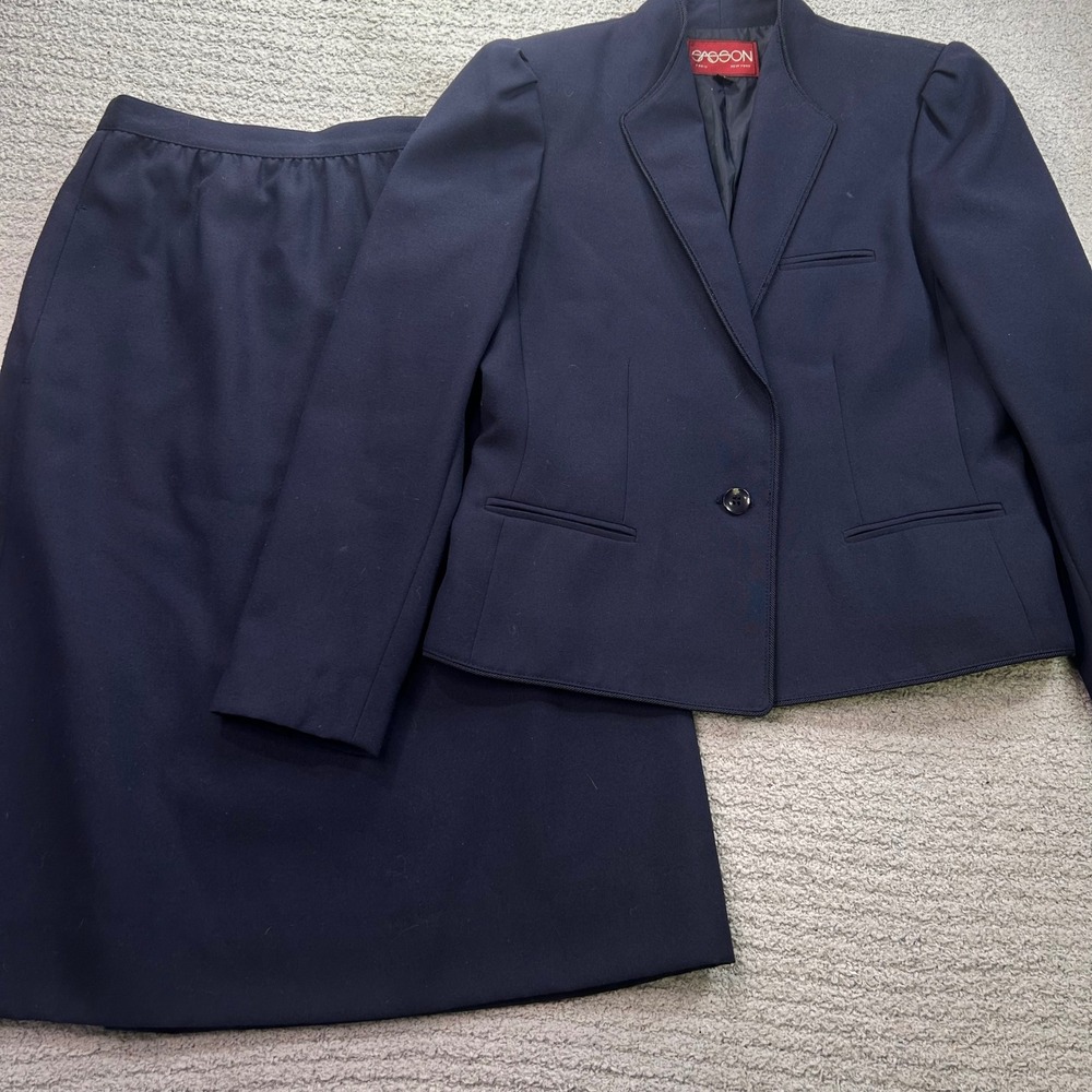 Sasson Skirt Suit Vintage Blazer Pencil Skirt Navy Blue Size 6 80s 90s Academic
